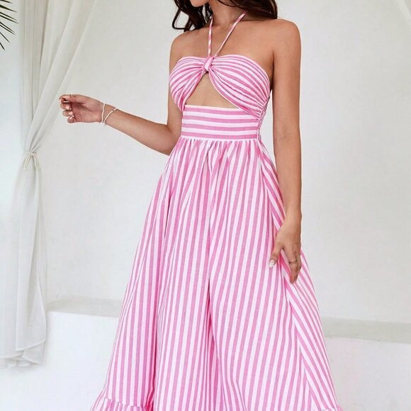 Pink Boho Womens Striped Print Cut Out Ruffle Hem Halter Neck Dress - Picture 4 of 5